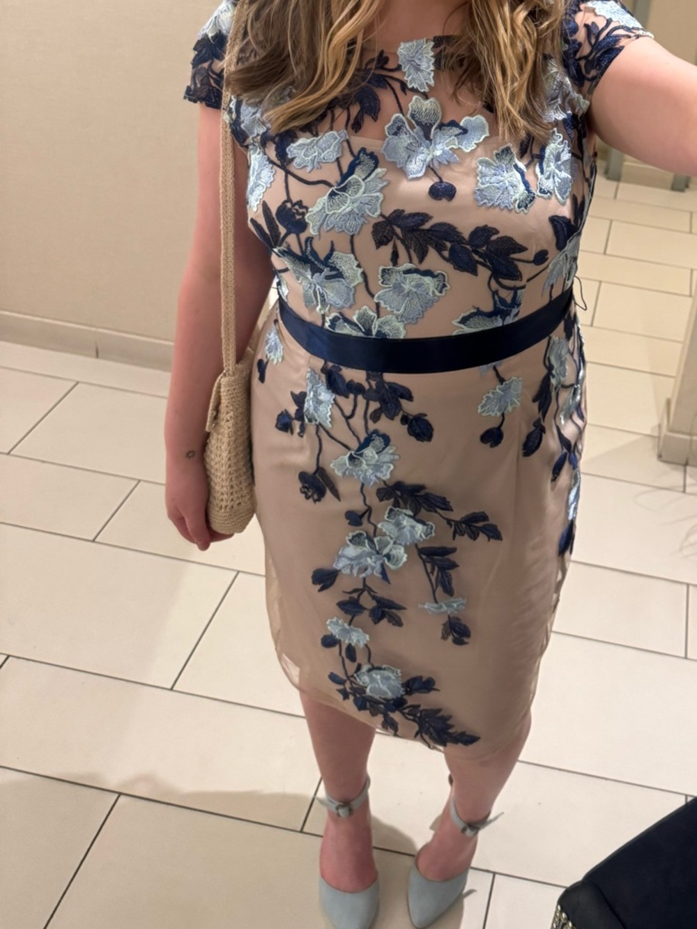 Adrianna Papell Nude, Navy and Light Blue Floral Embroidered Midi Dress